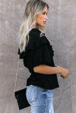 Black Floral Embroidered Flounce Puff Sleeve Blouse