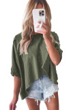 Green Distressed Bleached Asymmetric Hem Short Sleeve Top