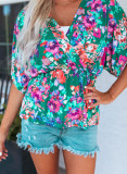 Green Floral Print Wrap V Neck Peplum Top
