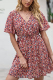 Red V Neck HIgh Waist Floral Mini Dress