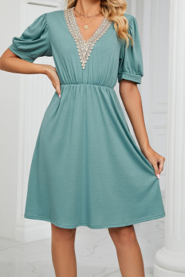 V Neck Lace Edge Pockets T-Shirt Dress