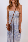 Blue Tube Smocked Floral Maxi Dress