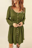 Green Button Up High Waist Long Sleeve Dress