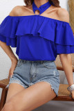 Royal Blue Halter Off Shoulder Ruffles Blouse Top