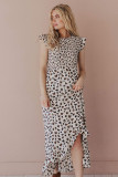 White Leopard Smocked High Low Midi Dress