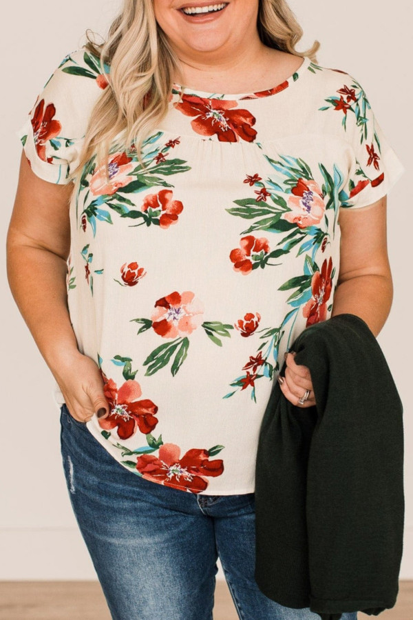 Beige Plus Size Floral Print T-shirt