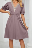 V Neck Lace Edge Pockets T-Shirt Dress
