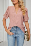 Plain V Neck Bubble Sleeves Hollow Out Top