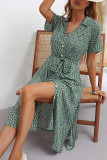 Army Green Floral Printed V Neck Open Button Midi Dress