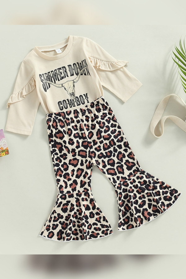 Girls Cowboy Ruffle Top and Leopard Flare Pants 2PCS Set