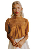 Orange Textured Crochet Keyhole Puff Sleeve Blouse