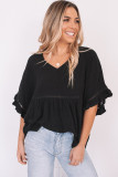 Black Ruffled Lace Detail Loose V Neck Top