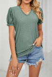 V Neck Lace Edge Puff Sleeves Hollow Out Top