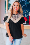 Black Leopard Sequin Waffle Knit Short Sleeve T-shirt