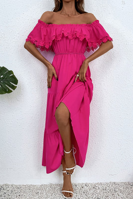 Rose Off Shoulder Frilled Lace Tiered Maxi Dress