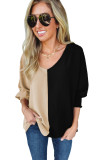 Black Color Block Shirred 3/4 Sleeve V Neck Top