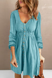 Sky Blue Button Up High Waist Long Sleeve Dress
