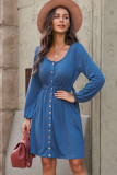 Blue Button Up High Waist Long Sleeve Dress