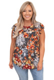 Multicolor Vintage Floral Flutter Sleeve Plus Top