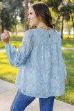 Blue Textured Ruffle Lantern Sleeve Babydoll Blouse
