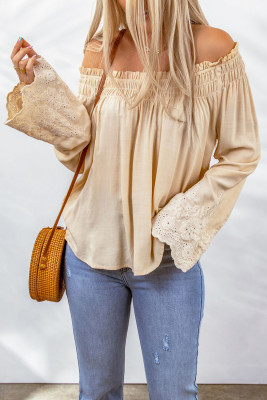 Apricot Lace Keyhole Crochet Shirred Off Shoulder Blouse