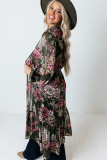 Green Floral Draped Open Front Duster Cardigan