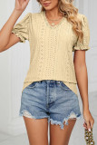 V Neck Lace Edge Puff Sleeves Hollow Out Top