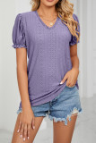 V Neck Lace Edge Puff Sleeves Hollow Out Top