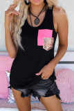 Black Sequin Chest Pocket Leopard Back Tank Top