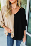 Black Color Block Shirred 3/4 Sleeve V Neck Top