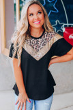 Black Leopard Sequin Waffle Knit Short Sleeve T-shirt