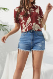 Turn Down Collar Open Button Red Floral Blouse Shirt
