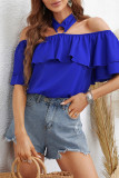 Royal Blue Halter Off Shoulder Ruffles Blouse Top