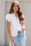 White Smocked Flutter Sleeve Drawstring V Neck Blouse