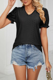 V Neck Lace Edge Puff Sleeves Hollow Out Top