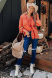Orange Ruffled Shirred Waffle Knit Pocketed Long Sleeve Shirt