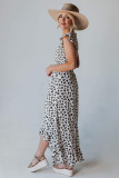White Leopard Smocked High Low Midi Dress