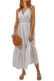 White Embroidered Spaghetti Straps Maxi Dress with Pearls