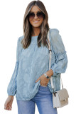 Blue Textured Ruffle Lantern Sleeve Babydoll Blouse