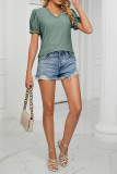 V Neck Lace Edge Puff Sleeves Hollow Out Top