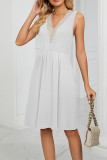 V Neck Lace Edge High Waist Pockets Sleeveless Tank Dress