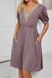 V Neck Lace Edge Pockets T-Shirt Dress