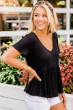 Black Short Sleeve Waffle Knit Peplum Top