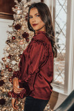 Red Split Neck Ruffled Satin Shirt