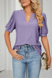 Plain V Neck Bubble Sleeves Hollow Out Top