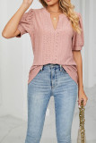 Plain V Neck Bubble Sleeves Hollow Out Top