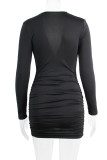 Black V Neck Ruched High Waist Bodycon Dress