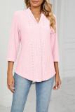 V Neck 3/4 Sleeves Hollow Out Smock Top