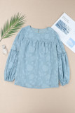 Blue Textured Ruffle Lantern Sleeve Babydoll Blouse