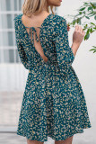 Green V Neck Flare Sleeves Backless Flower Dress